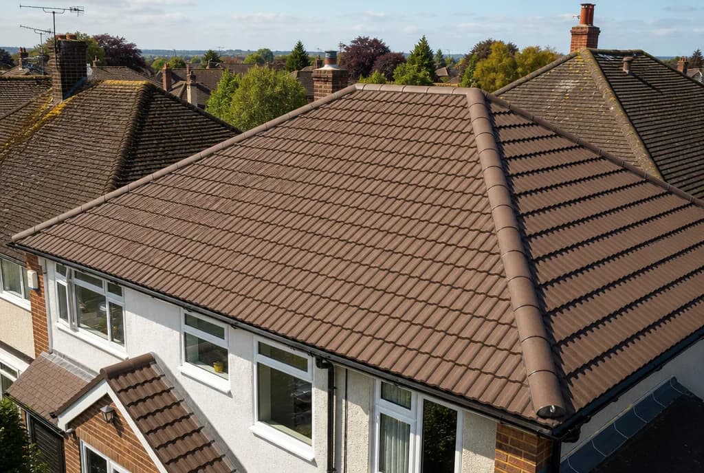A clean, freshly treated concrete tile roof with new dry ridge
