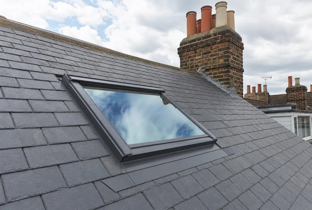 A newly fitted roof window set into a grey slate roof