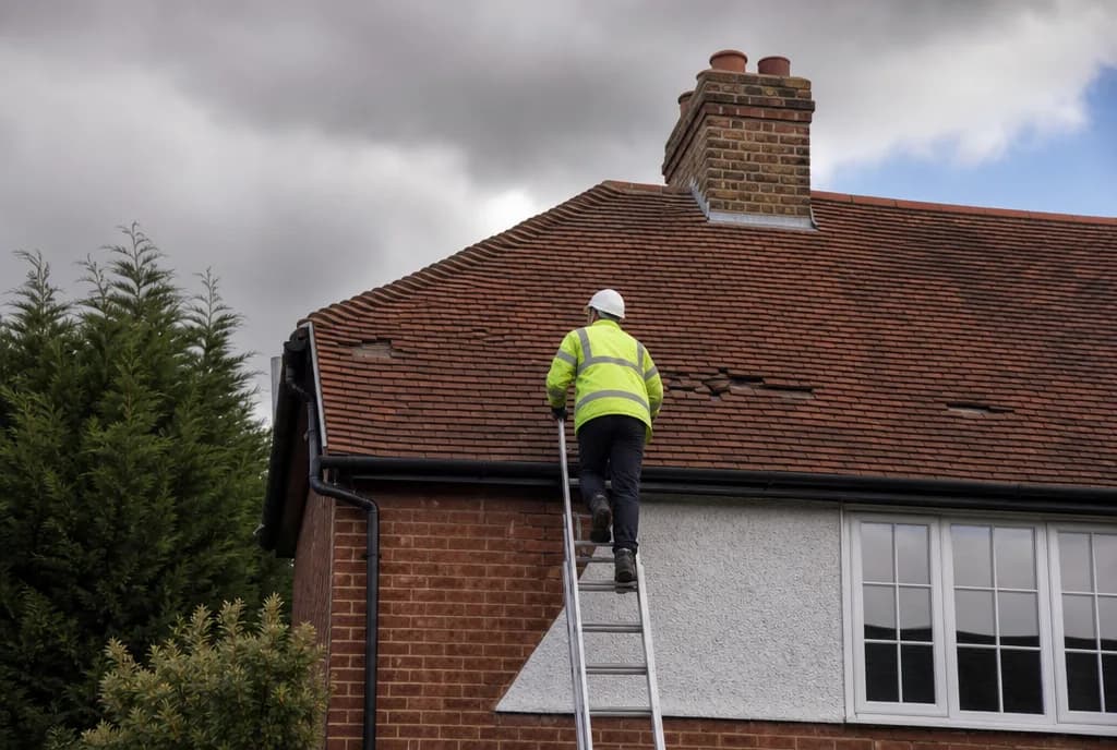 Roofer on a ladder inspecting a tiled roof after a storm